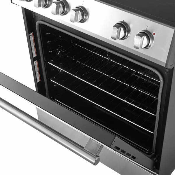 Close-up of the oven door on the Forno 30-inch Leonardo Espresso electric range, featuring a matte black finish, large tempered glass window, and antique brass handle for a refined, vintage-inspired appearance.