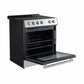 Left-angled front view of the Forno 30-inch Leonardo Espresso electric range with the oven door open, displaying a deep, black enamel oven cavity with adjustable racks and antique brass hardware for a blend of luxury and practicality.