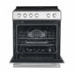 Front view of the Forno 30-inch Leonardo Espresso electric range with the oven door open, revealing a spacious black enamel interior with multiple rack positions, combining elegant design with functional cooking space.