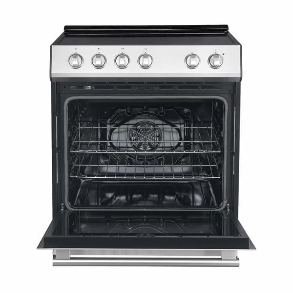 Front view of the Forno 30-inch Leonardo Espresso electric range with the oven door open, revealing a spacious black enamel interior with multiple rack positions, combining elegant design with functional cooking space.