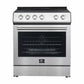 Front view of the Forno 30-inch Leonardo Espresso electric range, showcasing a matte black finish with antique brass trim, large oven window, and premium control knobs for a sophisticated, modern kitchen appearance.