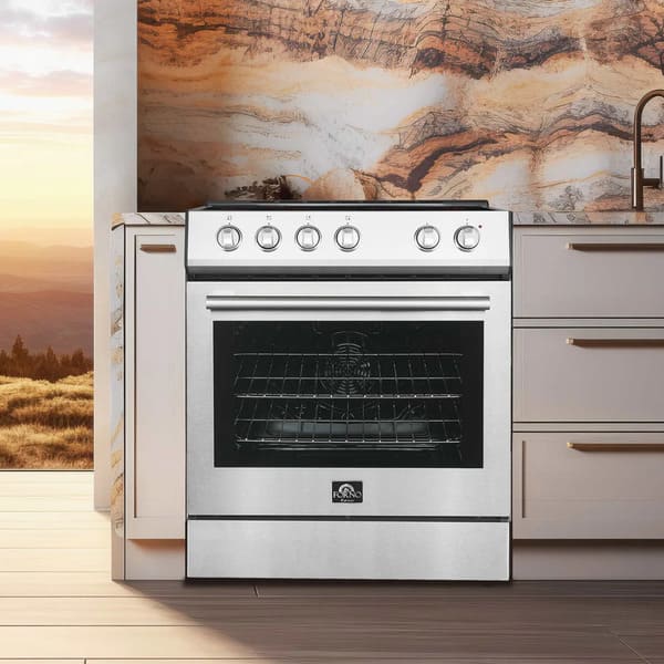 Lifestyle view of the Forno 30-inch Leonardo Espresso electric range in a contemporary kitchen setting, featuring a bold black finish with antique brass accents, a sleek cooktop, and a large oven window for a professional, stylish look.