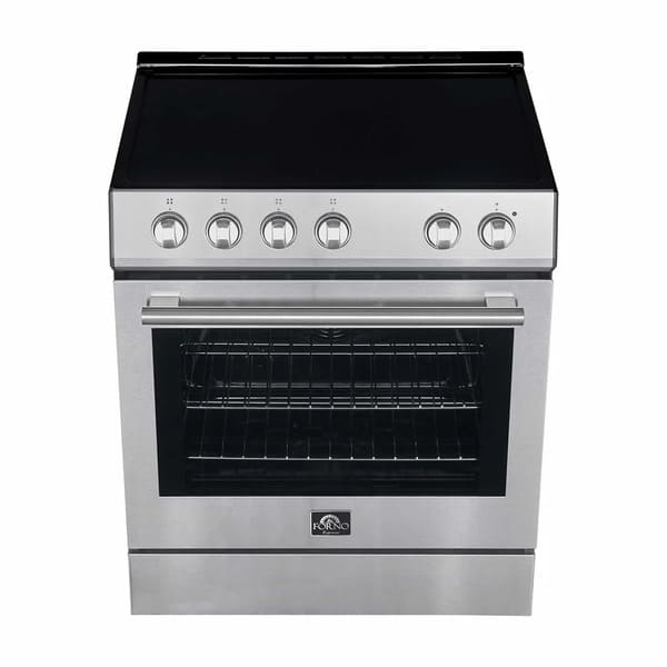 Top view of the Forno 30-inch Leonardo Espresso electric range, featuring a smooth black ceramic glass cooktop with four radiant heating elements and front-positioned antique brass control knobs for a premium cooking experience.