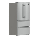 Angled view of the FORNO 36-inch French door refrigerator in stainless steel, highlighting its spacious double-door design, bottom freezer drawer, and modern, streamlined aesthetic.