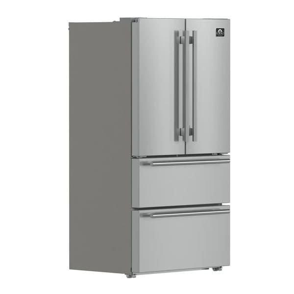 Angled view of the FORNO 36-inch French door refrigerator in stainless steel, highlighting its spacious double-door design, bottom freezer drawer, and modern, streamlined aesthetic.