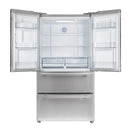 Front view of the FORNO 36-inch French door refrigerator in stainless steel with both French doors and the bottom freezer drawer open, revealing interior shelves, door bins, and spacious freezer compartments.