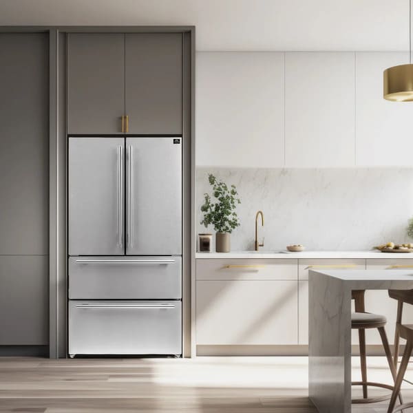 Lifestyle view of the FORNO 36-inch French door refrigerator in stainless steel, seamlessly integrated into a stylish kitchen with modern cabinetry and ambient lighting.