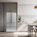 Lifestyle view of the FORNO 36-inch French door refrigerator in stainless steel, seamlessly integrated into a stylish kitchen with modern cabinetry and ambient lighting.