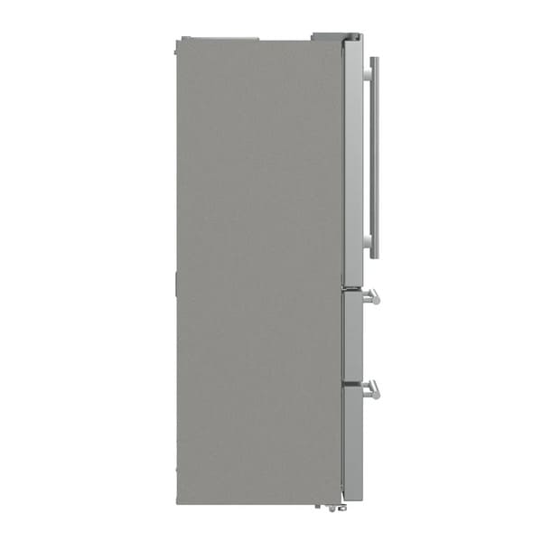 Side view of the FORNO 36-inch French door refrigerator in stainless steel, showcasing the smooth stainless steel panel and clean, minimalist design.