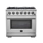 FORNO Capriasca 36-Inch Gas Range in stainless steel with 6 sealed dual-ring brass burners, convection oven, and illuminated control knobs.