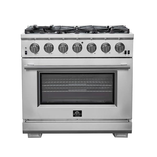 FORNO Capriasca 36-Inch Gas Range in stainless steel with 6 sealed dual-ring brass burners, convection oven, and illuminated control knobs.