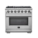 FORNO Capriasca 36-Inch Gas Range in stainless steel with 6 sealed dual-ring brass burners, convection oven, and illuminated control knobs.