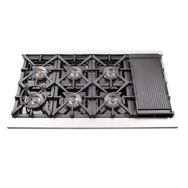 FORNO Capriasca 48″ Gas Range in stainless steel featuring 8 Italian sealed burners, integrated grill top, and dual ovens with viewing windows for versatile cooking.