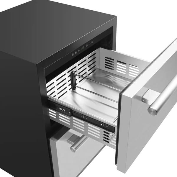 Interior view of the FORNO Cosenza Built-In Drawer Freezer, showcasing spacious dual stainless steel drawers, built-in ice maker, and organized cold storage compartments.