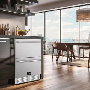 FORNO Cosenza drawer freezer shown in a stylish kitchen environment, featuring a sleek built-in stainless steel design with two spacious freezer drawers.