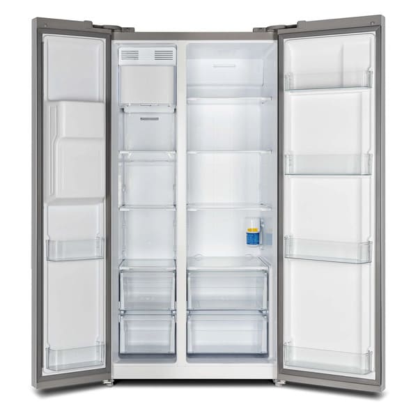 Front view of FORNO French Door Refrigerator with both doors open, showing adjustable glass shelves, crisper drawers, and gallon door bins.