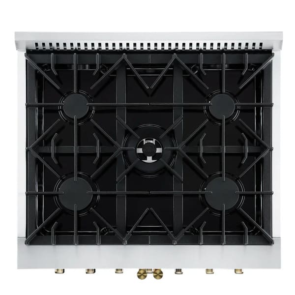 Top-down view of the FORNO Galiano 30-Inch French Door Dual Fuel Range in black, showcasing six sealed brass burners, durable cast iron grates, and a sleek stainless steel cooktop surface.