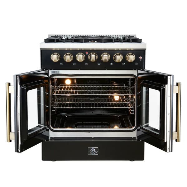 Front-facing view of the FORNO Galiano 30-Inch French Door Dual Fuel Range in black with both oven doors open, highlighting the vibrant blue interior, convection fan, and heavy-duty oven racks.