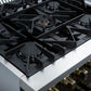 Left-angled view of the FORNO Galiano 30-Inch French Door Dual Fuel Range in black, highlighting the stainless steel cooktop with sealed brass burners and continuous cast iron grates.