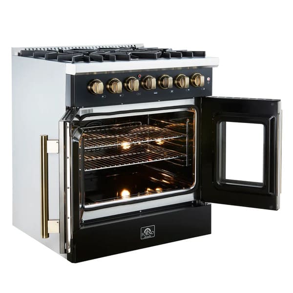 Left-angled view of the FORNO Galiano 30-Inch French Door Dual Fuel Range in black with both oven doors open, revealing the spacious blue enamel oven interior and multiple adjustable rack positions.