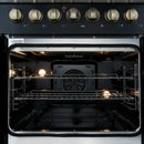 Interior view of the FORNO Galiano 30-Inch French Door Dual Fuel Range in black, showcasing the blue porcelain oven cavity, convection fan, and multiple rack positions for flexible baking and roasting.