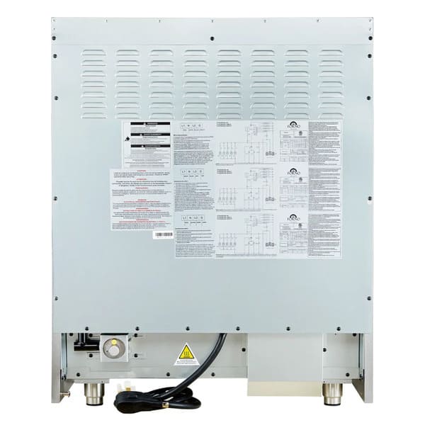 Rear view of the FORNO Galiano 30-Inch French Door Dual Fuel Range in white, displaying the ventilation panel, gas and electric connections, and durable stainless steel back panel.