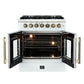 Front view of the FORNO Galiano 30-Inch French Door Dual Fuel Range in white with both oven doors open, showcasing the large convection oven cavity, blue porcelain interior, and telescopic racks.