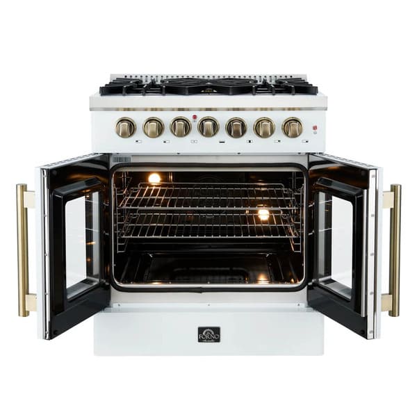 Front view of the FORNO Galiano 30-Inch French Door Dual Fuel Range in white with both oven doors open, showcasing the large convection oven cavity, blue porcelain interior, and telescopic racks.