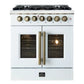 Front view of the FORNO Galiano 30-Inch French Door Dual Fuel Range in white, featuring elegant French oven doors, antique brass accents, and a professional stainless steel cooktop with six burners.