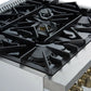 Angled top view of the FORNO Galiano 30-Inch Dual Fuel Range in white, showing six brass burners, durable cast iron grates, and stylish antique brass knobs on a sleek stainless steel cooktop.