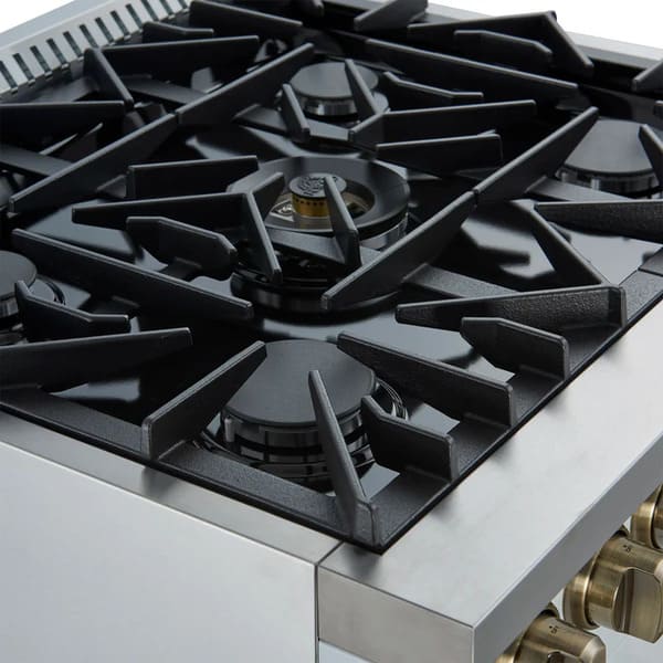 Angled top view of the FORNO Galiano 30-Inch Dual Fuel Range in white, showing six brass burners, durable cast iron grates, and stylish antique brass knobs on a sleek stainless steel cooktop.