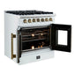 Left-angle view of the FORNO Galiano 30-Inch French Door Dual Fuel Range in white with both oven doors open, revealing the spacious blue enamel interior and stainless steel oven racks.
