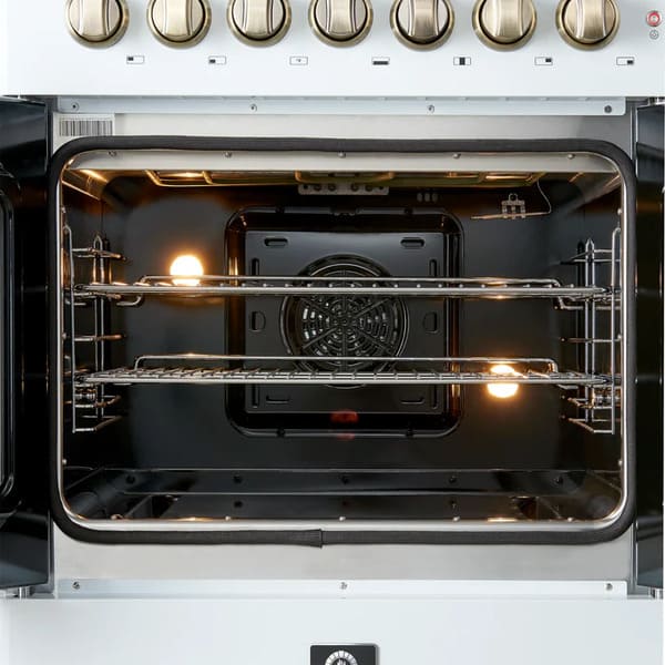 Interior view of the FORNO Galiano 30-Inch French Door Dual Fuel Range in white, featuring a spacious blue enamel oven cavity with multiple rack positions and stainless steel telescopic racks.