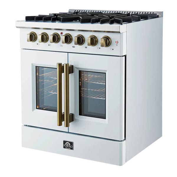 Right-angled view of the FORNO Galiano 30-Inch French Door Dual Fuel Range in white, highlighting the elegant French oven doors, brass burner controls, and premium stainless steel cooktop.