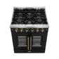 Top-front view of the FORNO Galiano 30-Inch French Door Gas Range in black, featuring four sealed brass burners, continuous cast iron grates, and a sleek matte black cooktop surface for versatile cooking performance.