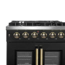 Front-facing close-up of the FORNO Galiano 30-Inch French Door Gas Range in black, showcasing durable stainless steel control knobs with clear temperature markings and a sleek, modern matte black panel.