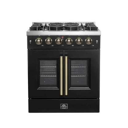 Front view of the FORNO Galiano 30-Inch French Door Gas Range in black, featuring a matte black finish, four sealed burners, and elegant double oven doors with stainless steel handles.