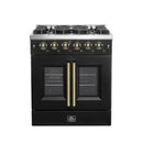 Front view of the FORNO Galiano 30-Inch French Door Gas Range in black, featuring a matte black finish, four sealed burners, and elegant double oven doors with stainless steel handles.