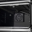 Interior view of the FORNO Galiano 30-Inch French Door Gas Range in black, showing the upper broiler element, blue enamel oven cavity, and chrome oven racks for high-heat broiling and even cooking.