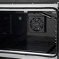 Close-up of the convection fan inside the FORNO Galiano 30-Inch French Door Gas Range in black, set against a vibrant blue enamel oven interior, designed for even heat distribution and consistent cooking performance.