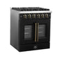 Left-angled front view of the FORNO Galiano 30-Inch French Door Gas Range in black, showcasing its sleek matte finish, four brass burners, and premium twin oven doors with stainless steel handles.