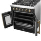 Right-angled view of the FORNO Galiano 30-Inch French Door Gas Range in black with oven doors open, showcasing multiple heavy-duty chrome oven racks inside the blue enamel convection oven.