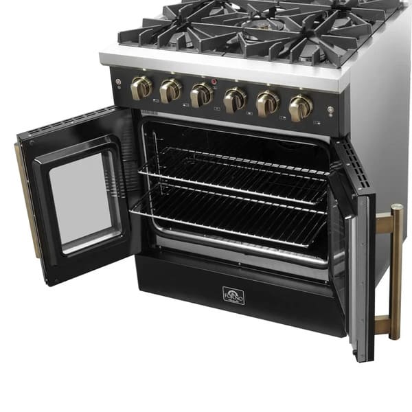 Right-angled view of the FORNO Galiano 30-Inch French Door Gas Range in black with oven doors open, showcasing multiple heavy-duty chrome oven racks inside the blue enamel convection oven.