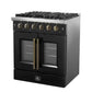 Right-angled view of the FORNO Galiano 30-Inch French Door Gas Range in black, featuring four sealed burners, matte black finish, and dual-opening oven doors with stainless steel handles for a modern, professional look.