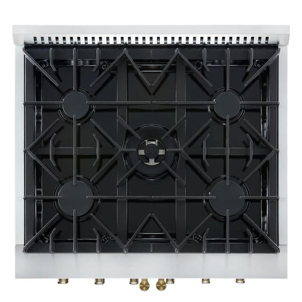 Top-down view of the FORNO Galiano 30-Inch French Door Gas Range in white, featuring four sealed brass burners, continuous cast iron grates, and a sleek matte white surface for efficient, professional-grade cooking.