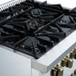 Left-angled view of the FORNO Galiano 30-Inch French Door Gas Range in white, showcasing four brass burners, heavy-duty cast iron grates, and a matte white cooktop surface designed for precision and durability.