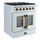Left-angled view of the FORNO Galiano 30-Inch French Door Gas Range in white, showcasing four brass burners, a matte white finish, and dual French oven doors with stainless steel handles for a modern, upscale kitchen look.