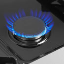 Close-up of a single brass burner on the FORNO Galiano 36-Inch French Door Dual Fuel Range in black, highlighting the dual-ring design for precision heat control.