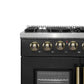 Close-up of zinc-coated illuminated control knobs on the FORNO Galiano 36-Inch French Door Dual Fuel Range in black, featuring elegant bezel ring accents.