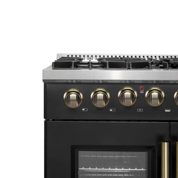 Close-up of zinc-coated illuminated control knobs on the FORNO Galiano 36-Inch French Door Dual Fuel Range in black, featuring elegant bezel ring accents.